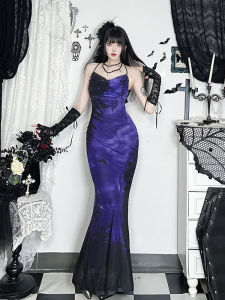 Dark Style Y2K Printed Halter Dress Womens Purple High Waist Gathered Waist Long Skirt No Sleeve Evening Gown Polyester Fiber