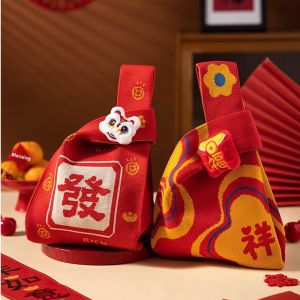 Knitted Handbag Commuter New Year Company Ladies Bag Retro Color Block Fabric Tote Bag for Daily Use Medium Size Universal