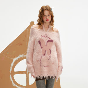 unifree | Áo Sweater Mô Phỏng Lông Chồn V Neck Hoặc Off Shoulder Đẹp Ấm Áp