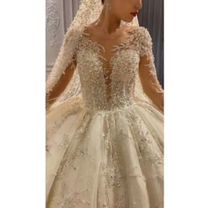 Luxury Ball Gown Wedding Dress Long Sleeve Beaded Illusion Plunge Wedding Gown Embroidered Train Sparkle Princess Ballgown
