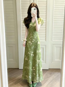 NIUVIES | French Style Green V-Neck Floral Slim Fit Waist Dress