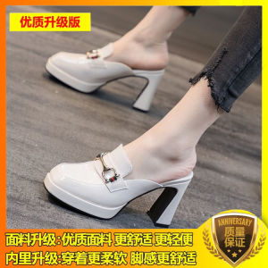 Womens Soft Leather Sandals High Heels Waterproof Platform Thick Heel Half Slippers Spring New Style Comfortable Casual Shoes
