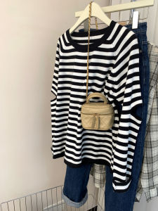Womens Knitted Hollow out Striped Top Loose Long Sleeve Spring Autumn Comfortable Base T-Shirt Korean Style round Neck Pullover