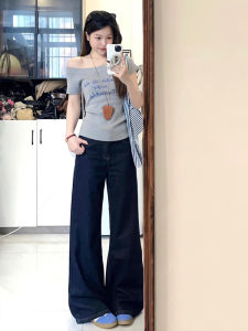 Quần Jeans Ống Loe Màu Xanh Đậm Cổ Điển Cạp Cao Quần Dài Dài Đến Sàn Cho Nữ Quần Jeans Denim Thường Ngày Mùa Hè