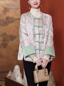 Autumn Winter Womens Tang Suit down Jacket New Chinese Style National Trend Cotton Outerwear Embroidered Cheongsam Button