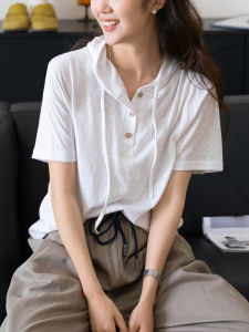 Textured Slub Cotton Breathable Lightweight Easy-care Hooded Button Casual Short Sleeve T