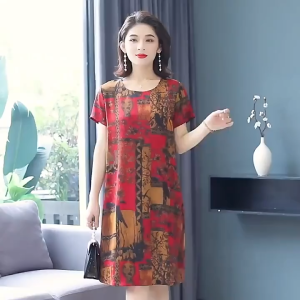 Dress for Women Fashion Printed Round Neck Ice Silk Midi Dress for Women Mom Plus Size Dress  for Mom #COD