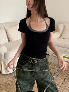 Áo Thun Nữ Tay Ngắn Màu Đen Phong Cách Hàn Quốc Mùa Hè Thiết Kế Hai Mảnh Giả Cổ Tròn Ôm Vừa Vặn Thời Trang Thường Ngày