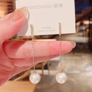ต่างหูไข่มุกยาว ทรงกลม ดีไซน์เรียบง่าย ดีไซน์เก๋ไก๋ ต่างหูแฟชั่นสำหรับผู้หญิง ต่างหูแบบจี้เงิน