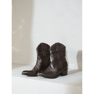 Le Queen American Retro Washed Horsehide Embroidered Western Boots Short Tube Jeans Women Autumn Winter New Style Sharp Heel