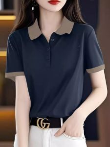 QIAOXIZI | Flap Collar Solid Short Sleeve T-shirt Slimming Plus Size Womens Summer Fashion Mothers T-shirt