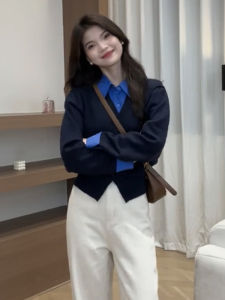 French Polo Neck Splice Fake Two-Piece Womens Spring Autumn Winter Knitted Sweater Cardigan Coat Korean Style Slim Fit Button Design