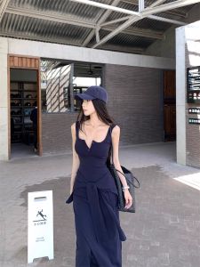 Dark Blue Strapless Dress Womens Summer Slimming Long Dress with Chest Pad Korean Style A-Line Skirt Casual Comfortable Dress