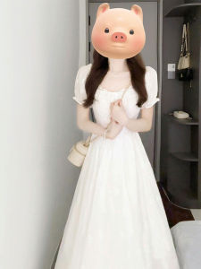 BeautyMark | ชุดเดรสยาวแขนพองสีขาวสไตล์ฝรั่งเศส เอวสูง แขนสั้น คอเหลี่ยม ทรงเอ สไตล์หวานๆ เหมาะกับฤดูร้อน