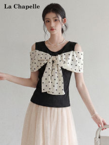La Chapelle | Polka Dot Bow-Connected Stylish Slim Fit Off-Shoulder T-Shirt