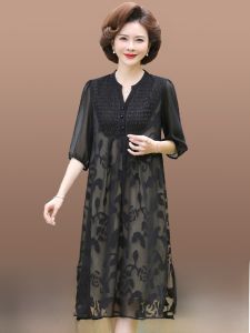 DTHN | Fashionable Autumn Dress For Older Women V-Neck Midi Skirt Loose Fit Polyester Fabric Belly Covering Large Size Dresses