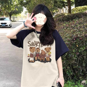 เสื้อยืดแขนสั้นผ้าฝ้ายแท้คอกลมสำหรับผู้หญิง ฤดูร้อน 2024 ดีไซน์ใหม่ ดีไซน์ด้วยลายพิมพ์ ทรงหลวม แขนยาวถึงไหล่