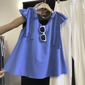 เสื้อเชิ้ตแขนพองผูกโบว์ผีเสื้อสองด้านสำหรับผู้หญิงไซส์ใหญ่ ฤดูร้อน 2025 ดีไซน์ใหม่ ผ้าโพลีเอสเตอร์ สีน้ำเงิน แขนกุด