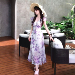 Summer Hot Trend Floral Print V-Neck Dress Beach Vacation Style Fairy Skirt Slim Fit Sister Style Soft Medium Fabric Tour Suitable