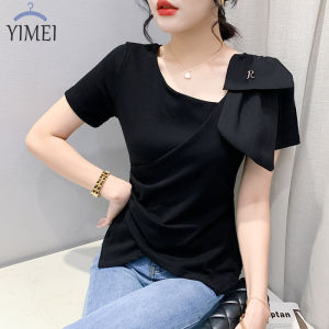 YIMEI Áo Thun Không Chính Quy Viền Cá Tính Cho Nữ 2023 Xuân Hè Mới Áo Thun Nữ Xẻ Tà Áo Cotton Mỏng Khoe Eo Thời Trang