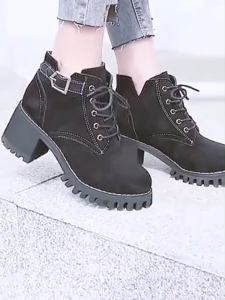 [COD]Walsky Womens Martin Boots Ankle Boots Black Chunky Heel Lace Up Thick Sole Fabric Casual Booties Recommended