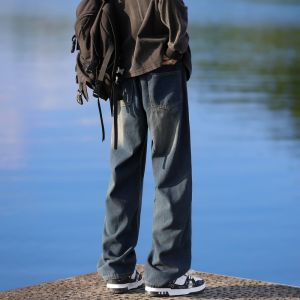 กางเกงยีนส์ทรงหลวมขาตรงสำหรับผู้ชาย กางเกงขายาวสไตล์อเมริกัน กางเกงยีนส์ทรงหลวมสไตล์ย้อนยุค กางเกงยีนส์ทรงหลวมสบาย ๆ สำหรับฤดูใบไม้ผลิและฤดูใบไม้ร่วง