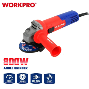 WORKPRO 800W Angle Grinder with 100mm Sanding Disc 11000 RPM 220-240V 50Hz Red and Blue Handle Suitable for Metal and Wood Sanding.