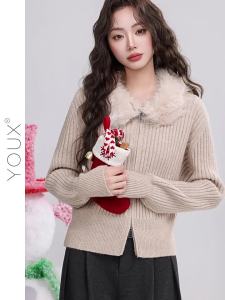 YOUXIANG | Áo Cardigan Cổ Lông Ngắn Phong Cách Retro