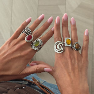Ingemark | Ingemark 6Pcs/Set Trendy Unique Inlay Geometry Resin Finger Ring Women Vintage Silver Color Open Stackable Ring Fashion Jewelry