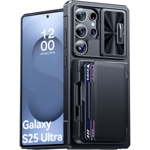 For Samsung Galaxy S25 Ultra Phone Casewith Card Holder (4 Cards) Camera Cover & KickstandFull Body Protective Case-Black