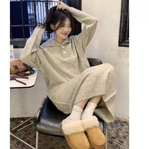 Polo Collar Knitting Dress Female Autumn and Winter Loose French New Arrival Base Ride Mid Length Long Length below the Knee Sweater Dress