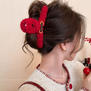 New Year Red Lamb Fur Letter Hair Claw Womens 2025 High-End Feeling Shark Clamp Hair Clip Back of Head Hair Accessory