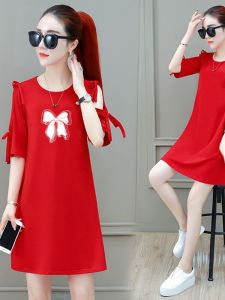 ชุดเดรสยาวปานกลางแขนสั้นผ้าฝ้ายสไตล์เกาหลีหลวมๆ ทรงเอ คอตั้ง กระโปรงทรงเอ ช่วงไหล่เปิด โบว์ ฤดูร้อน 2023