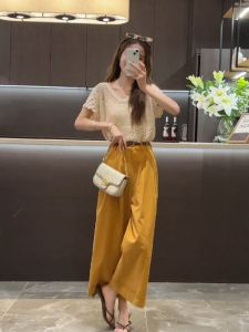 Small Sized Mans Wear Suit Womens Easiest for Match Casual Cut Out Knitwear Tops + High Waist Wide Leg Cropped Pants Two-piece Set