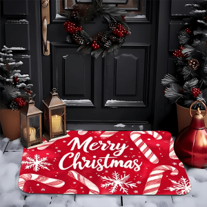 VIKAMA Christmas Door Mat with Candy Stick and Snowflake Design Indoor Outdoor Flannel Welcome Mat for Homes Offices Decoration
