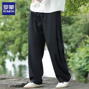 ROMON | Flax Silk Lightweight Straight Leg Drapey Chinese Style Wide Leg Leisure Pants
