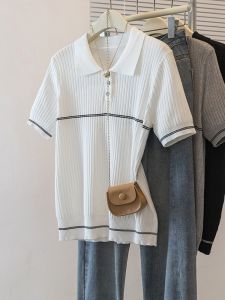 SHIMANQING | Cool Silk Knit Polo Neck Short Sleeve Tshirt Big Size Womens Wear Slimming Upper