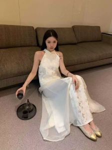 เรียบหรู ฤดูร้อน Qipao สไตล์จีนขนาดใหญ่ เดรส ชุดสองชิ้น ผู้หญิง เปิด คาร์ดิเกน คอแขวนยาว กระโปรง