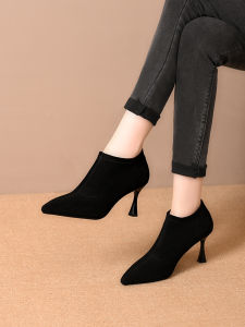 Fashionable Autumn Winter Pointed Toe High Heel Short Boots Comfortable Velvet Surface Women Shoes Slip on Thin Heel Boots