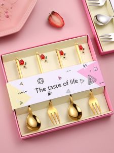 Valentines Day Gift Box Set Stainless Steel 304 Rose Flower Pendant Coffee Spoon Fruit Fork Stirring Spoon Korean Style Metal Cutlery