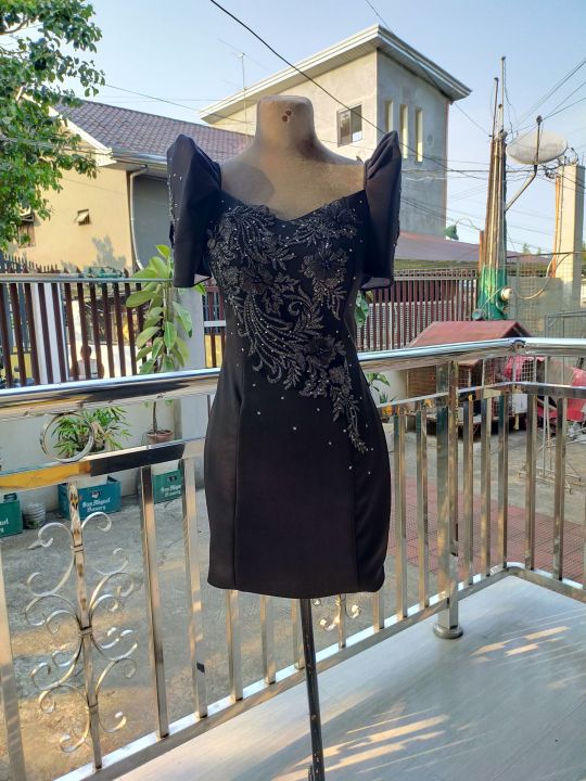 filipiniana dress black Black Neoprene Ethnic Filipiniana Dress