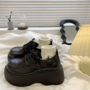 Black Thick Bottom Loafers Womens Heightening JK Platform Shoes Retro British Style Flat Knot Tassel round Toe Rubber Sole