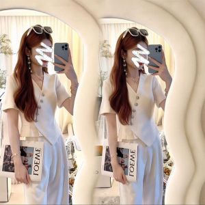 Elegant Slimming Suit Set V-Neck Short Sleeve Top High Waist Wide Leg Pants Two-Piece Set Fashionable Summer New Arrival