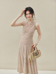 OUYANGXI | Đầm Maxi Ôm Body Dây Quai Ngang Phong Cách Sọc Cho Phụ Nữ