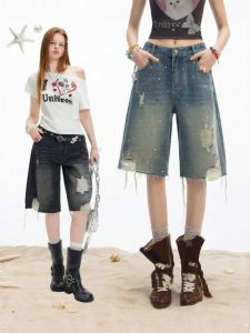 Unifree | Low Waist Distressed Denim Shorts Women Loose Straight Summer