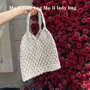 Mo Li Summer New Womens Shoulder Tote Large Capacity Hollow Woven Beach Net Holiday Handbag Cotton Material Sweet Lady Style