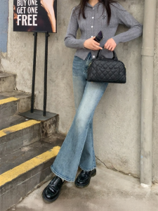 NIHAOKANONG | Quần Jeans Denim Ôm Dáng Xòe Thun Nhẹ Cạp Cao Màu Xanh Lơ