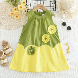 Menoea Dress for Kids Girls Summer New Pathwork Sleeveless Flower Casual Dress 2-7 Year Old Childrens Clothes Korean Version O-neck Costumes Outfits