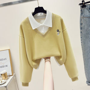 Ladies Polo Collar Milk Blue Sweatshirt Short Style Spring Autumn 2025 New Small Size College Style Fake Two-Piece Top