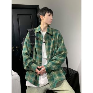 HetingHOME | Hetinghome Loose Mens Long Sleeve Plaid Shirt Green Outerwear Autumn Trendy Brand Couples Shirt Casual Artistic Style Cotton